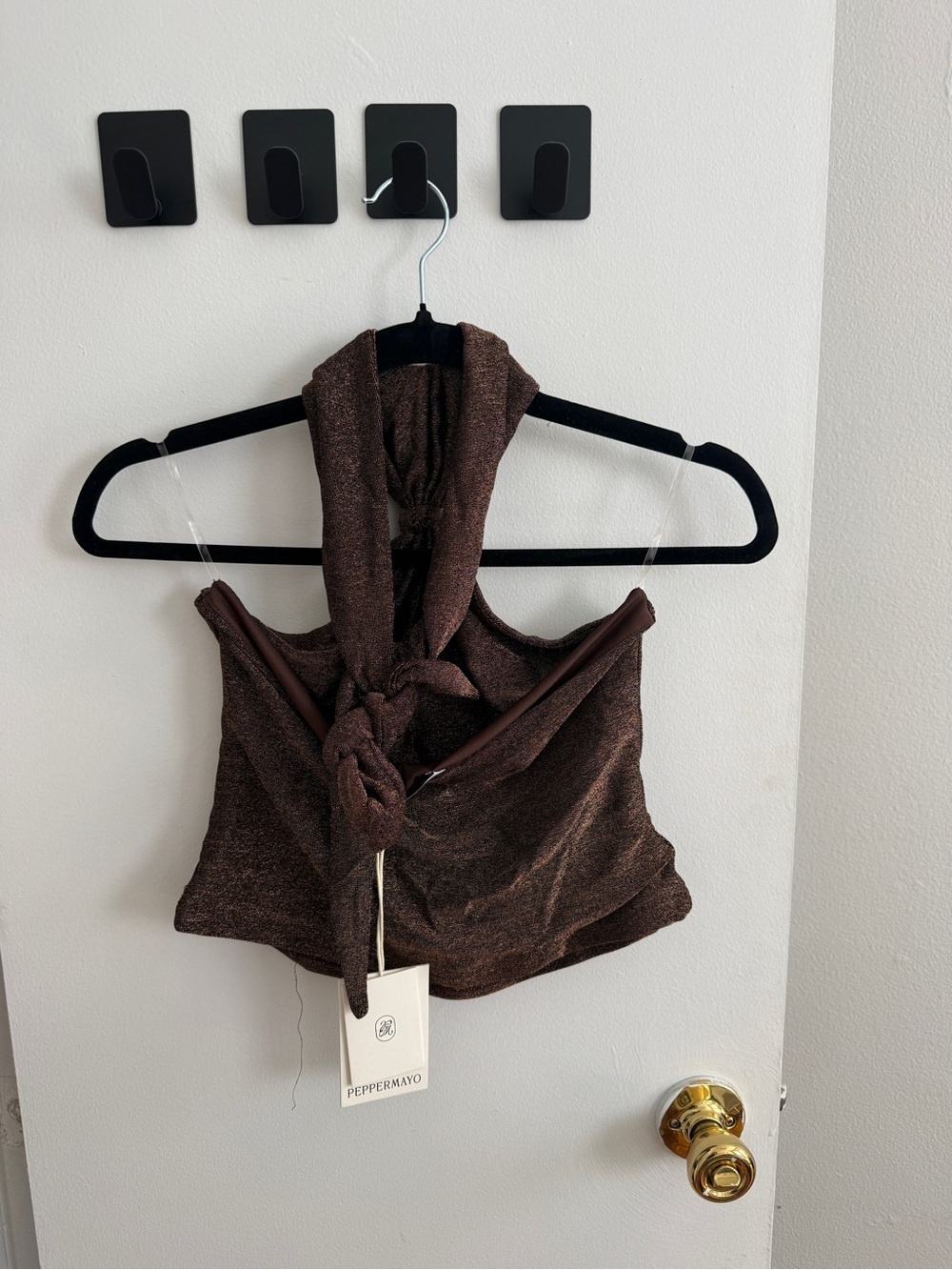Peppermayo Brown Metallic Knotted Halter Crop Top
